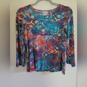 Chicos Y2K Oriental Floral Boho Casual Stretch  3/4 Sleeve Top Med/Large